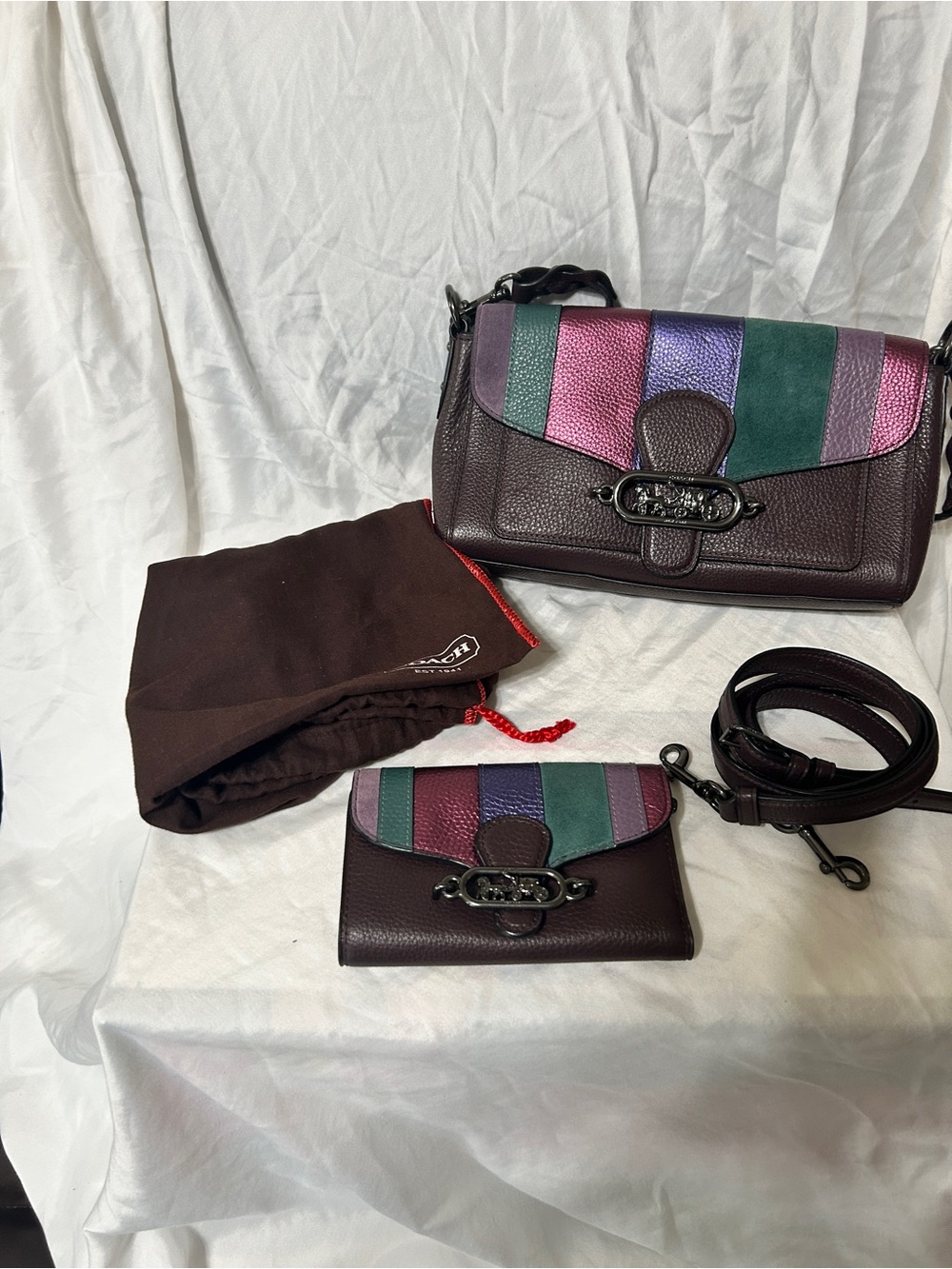 Coach Plum Crossbody and Wallet Set with Multicolor Stripe Accents